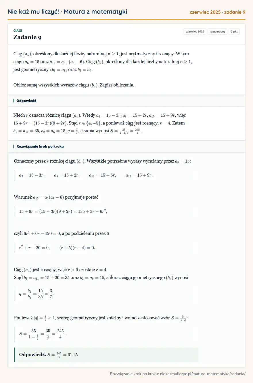 Rozwiązanie zadania 9 (matura z matematyki czerwiec 2025): Ciąg (an), określony dla każdej liczby naturalnej n≥1, jest arytmetyczny i rosnący. W tym ciągu a6=15 oraz…