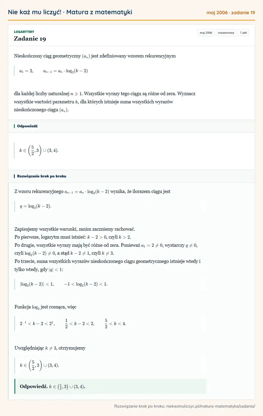 Rozwiązanie zadania 19 (matura z matematyki maj 2006): Nieskończony ciąg geometryczny (an) jest zdefiniowany wzorem rekurencyjnym a1=2, an+1=an·log2(k-2) dla każdej…