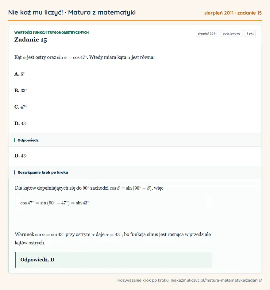 Rozwiązanie zadania 15 (matura z matematyki sierpień 2011): Kąt α jest ostry oraz sinα=cos47°. Wtedy miara kąta α jest równa: A. 6° B. 33° C. 47° D. 43°