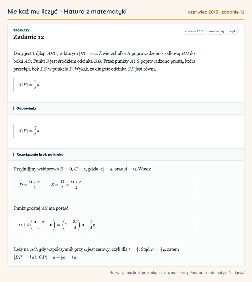 Rozwiązanie zadania 12 (matura z matematyki czerwiec 2015): Dany jest trójkąt ABC, w którym |BC|=a. Z wierzchołka B poprowadzono środkową BD do boku AC. Punkt S jest…