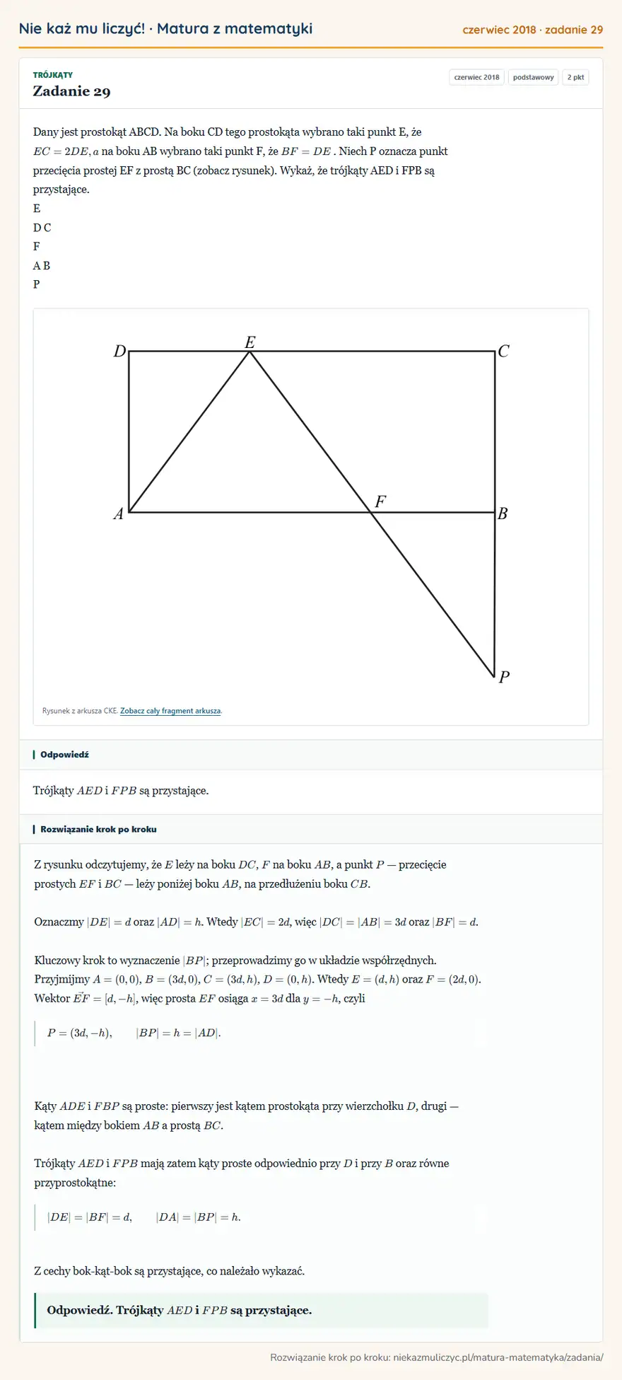 Rozwiązanie zadania 29 (matura z matematyki czerwiec 2018): Dany jest prostokąt ABCD. Na boku CD tego prostokąta wybrano taki punkt E, że EC = 2 DE, a na boku AB wybrano…