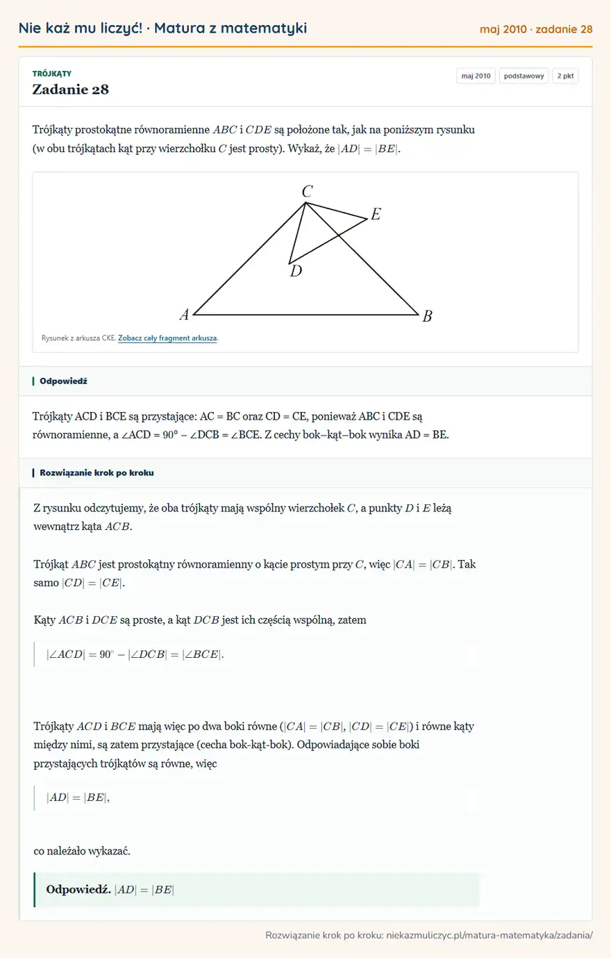 Rozwiązanie zadania 28 (matura z matematyki maj 2010): Trójkąty prostokątne równoramienne ABC i CDE są położone tak, jak na poniższym rysunku (w obu trójkątach kąt…