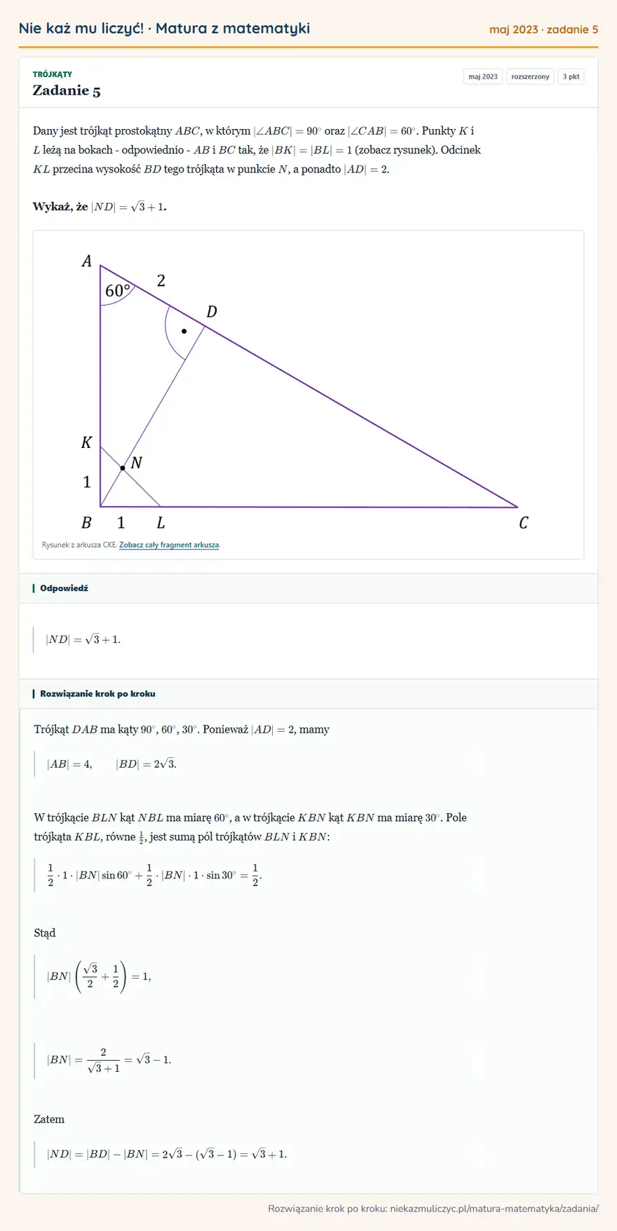Rozwiązanie zadania 5 (matura z matematyki maj 2023): Dany jest trójkąt prostokątny ABC, w którym |∠ ABC|=90° oraz |∠ CAB|=60°. Punkty K i L leżą na bokach …