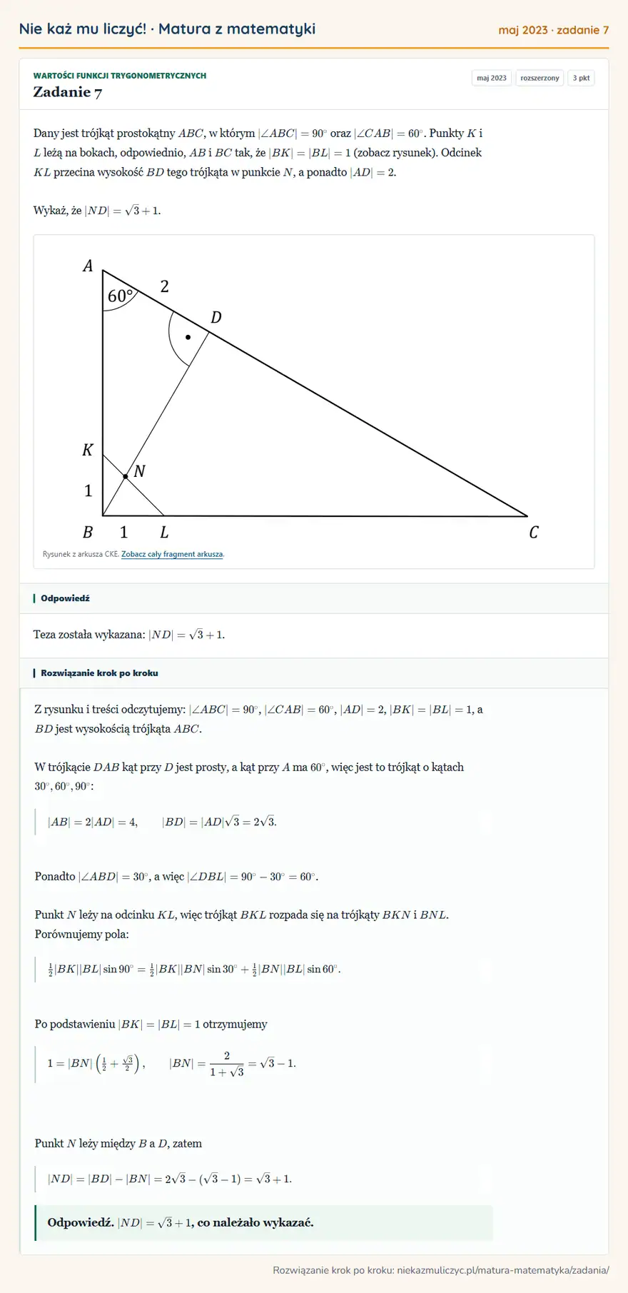 Rozwiązanie zadania 7 (matura z matematyki maj 2023): Dany jest trójkąt prostokątny ABC, w którym ∠ ABC=90° oraz ∠ CAB=60°. Punkty K i L leżą na bokach…