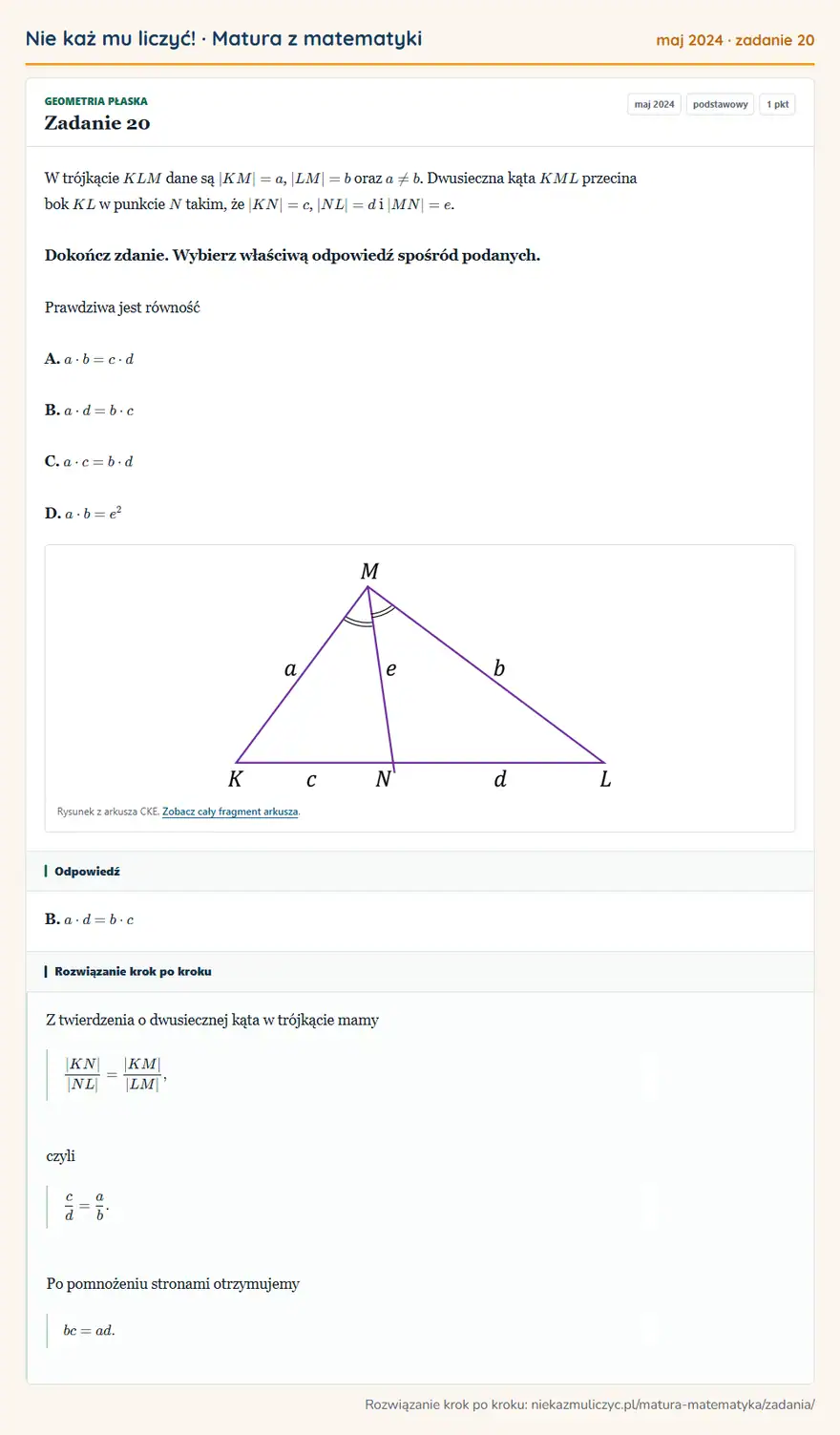 Rozwiązanie zadania 20 (matura z matematyki maj 2024): W trójkącie KLM dane są |KM|=a, |LM|=b oraz a≠ b. Dwusieczna kąta KML przecina bok KL w punkcie N takim, że…