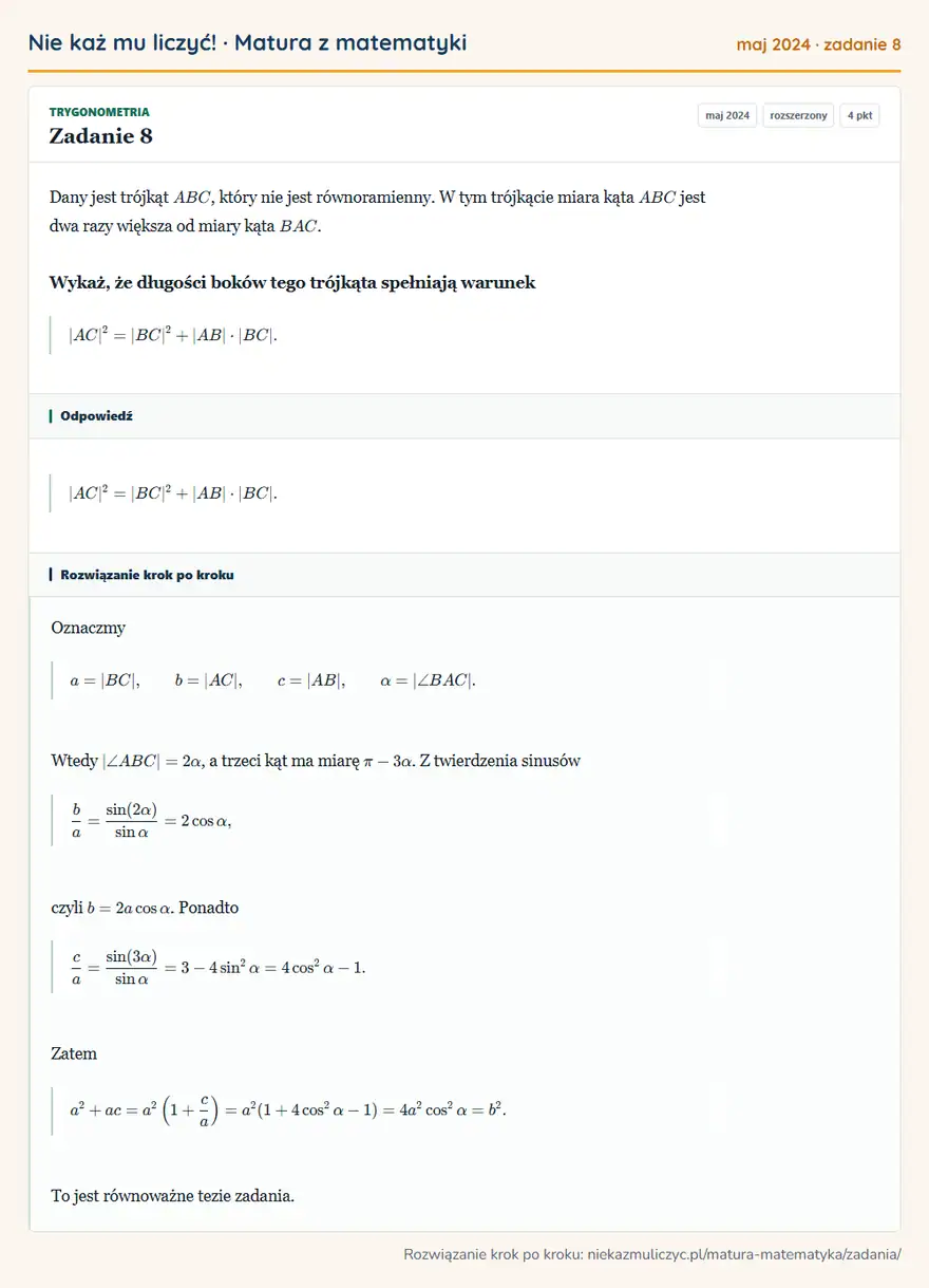 Rozwiązanie zadania 8 (matura z matematyki maj 2024): Dany jest trójkąt ABC, który nie jest równoramienny. W tym trójkącie miara kąta ABC jest dwa razy większa od…