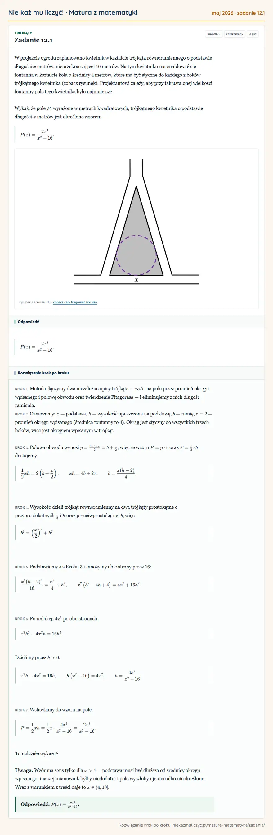 Rozwiązanie zadania 12.1 (matura z matematyki maj 2026): W projekcie ogrodu zaplanowano kwietnik w kształcie trójkąta równoramiennego o podstawie długości x metrów…