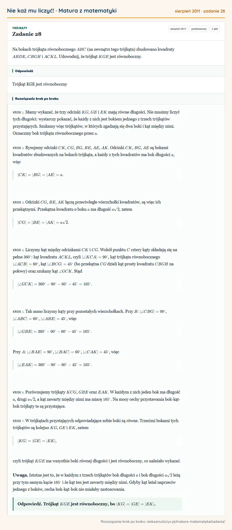 Rozwiązanie zadania 28 (matura z matematyki sierpień 2011): Na bokach trójkąta równobocznego ABC (na zewnątrz tego trójkąta) zbudowano kwadraty ABDE, CBGH i ACKL…