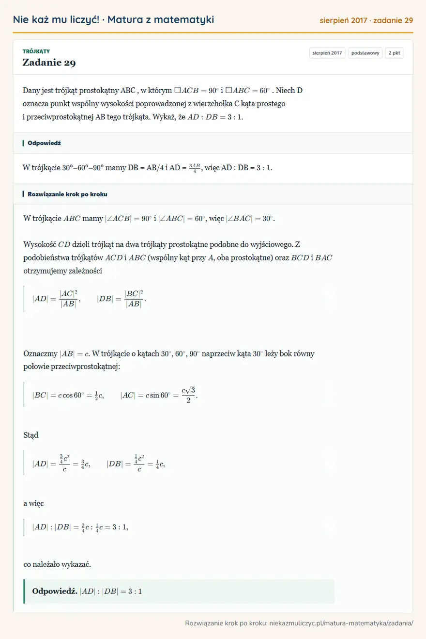 Rozwiązanie zadania 29 (matura z matematyki sierpień 2017): Dany jest trójkąt prostokątny ABC, w którym  ACB = 90° i  ABC = 60°. Niech D oznacza punkt wspólny…