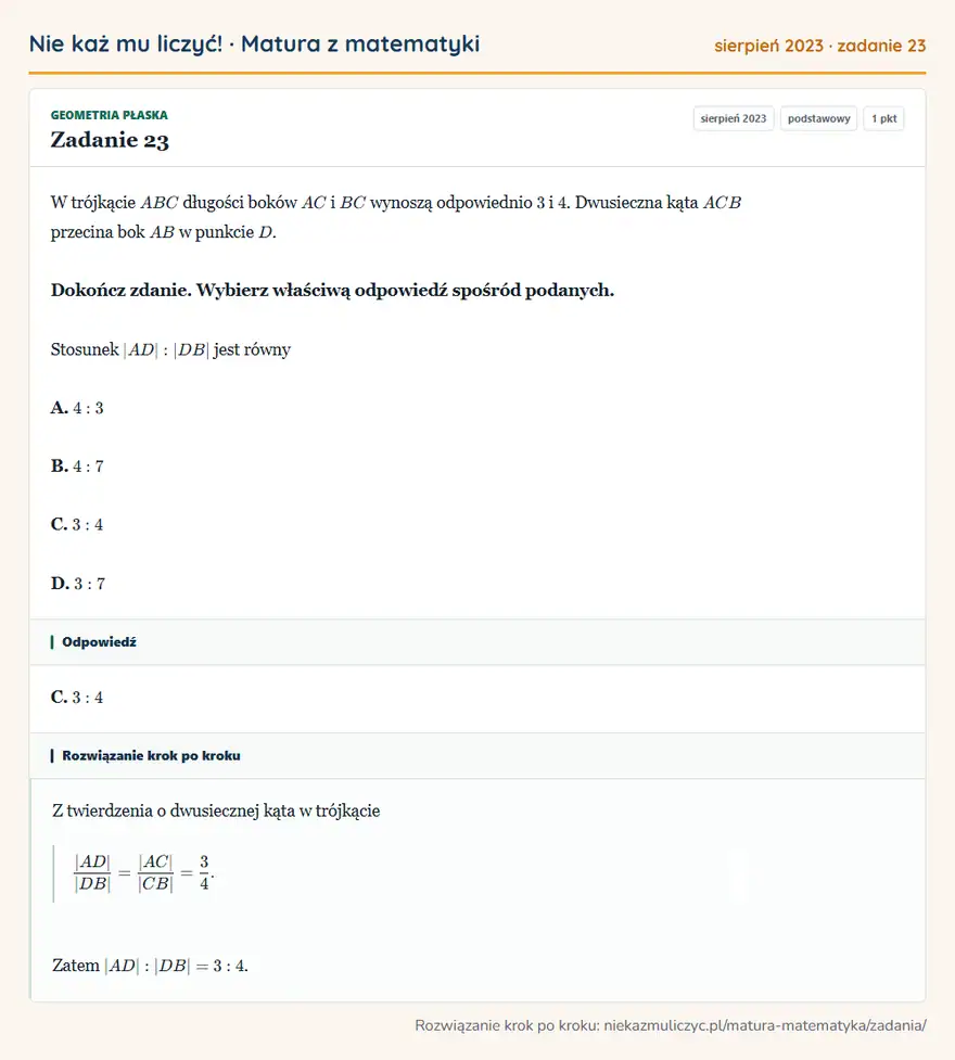 Rozwiązanie zadania 23 (matura z matematyki sierpień 2023): W trójkącie ABC długości boków AC i BC wynoszą odpowiednio 3 i 4. Dwusieczna kąta ACB przecina bok AB w…