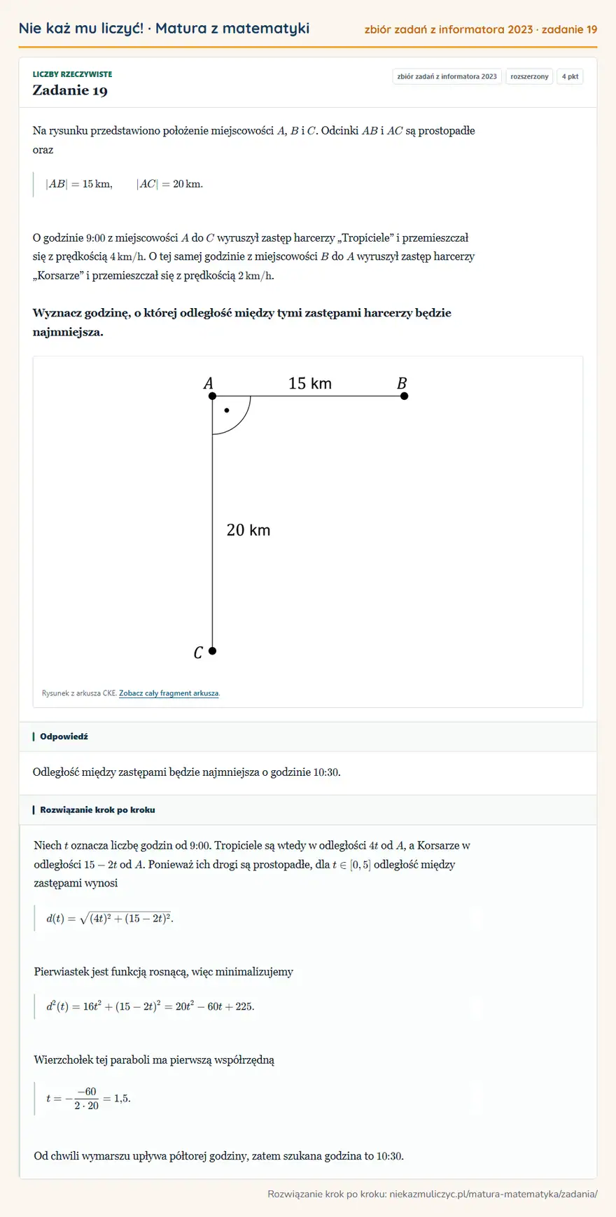Rozwiązanie zadania 19 (zbiór zadań z informatora CKE 2023): Na rysunku przedstawiono położenie miejscowości A, B i C. Odcinki AB i AC są prostopadłe oraz |AB|=15 km…