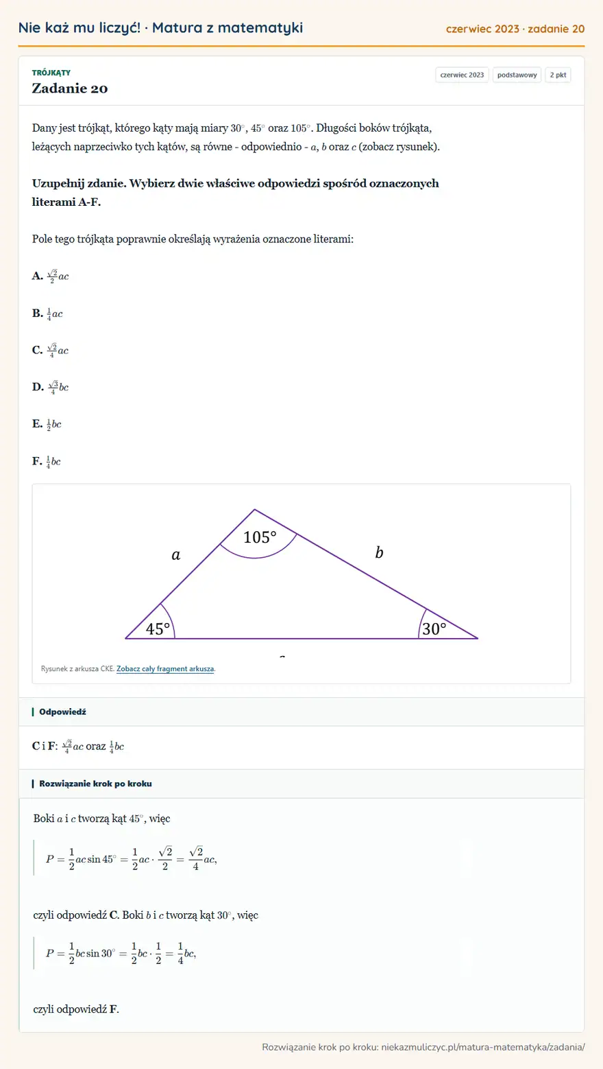 Rozwiązanie zadania 20 (matura z matematyki czerwiec 2023): Dany jest trójkąt, którego kąty mają miary 30°, 45° oraz 105°. Długości boków trójkąta, leżących naprzeciwko…