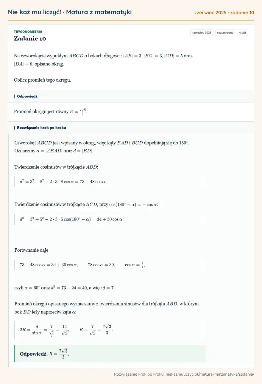 Rozwiązanie zadania 10 (matura z matematyki czerwiec 2025): Na czworokącie wypukłym ABCD o bokach długości: AB=3, BC=3, CD=5 oraz DA=8, opisano okrąg. Oblicz promień…
