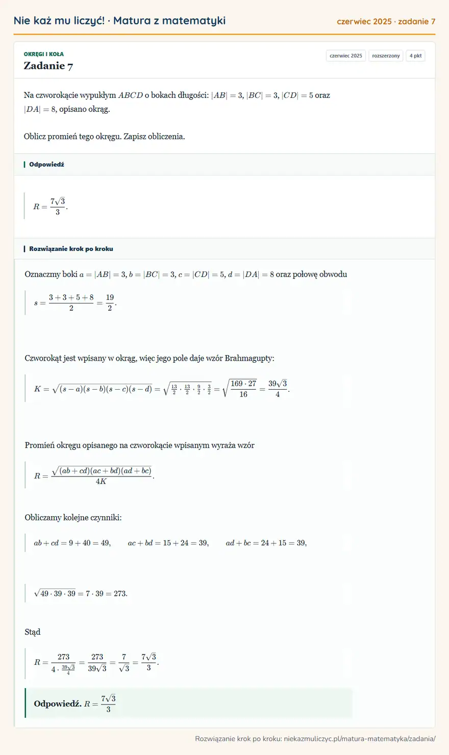 Rozwiązanie zadania 7 (matura z matematyki czerwiec 2025): Na czworokącie wypukłym ABCD o bokach długości: AB=3, BC=3, CD=5 oraz DA=8, opisano okrąg. Oblicz promień…