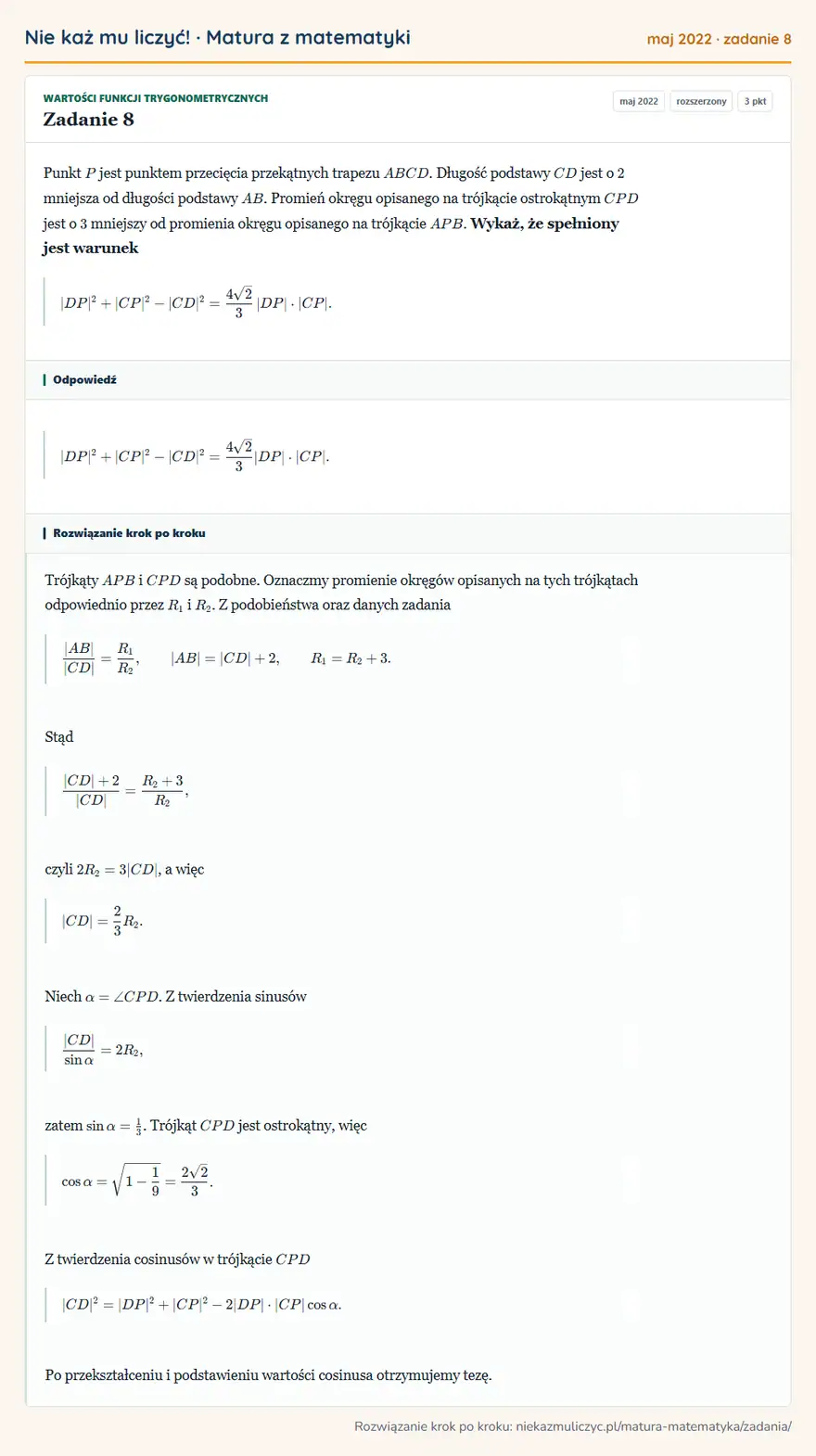 Rozwiązanie zadania 8 (matura z matematyki maj 2022): Punkt P jest punktem przecięcia przekątnych trapezu ABCD. Długość podstawy CD jest o 2 mniejsza od długości…