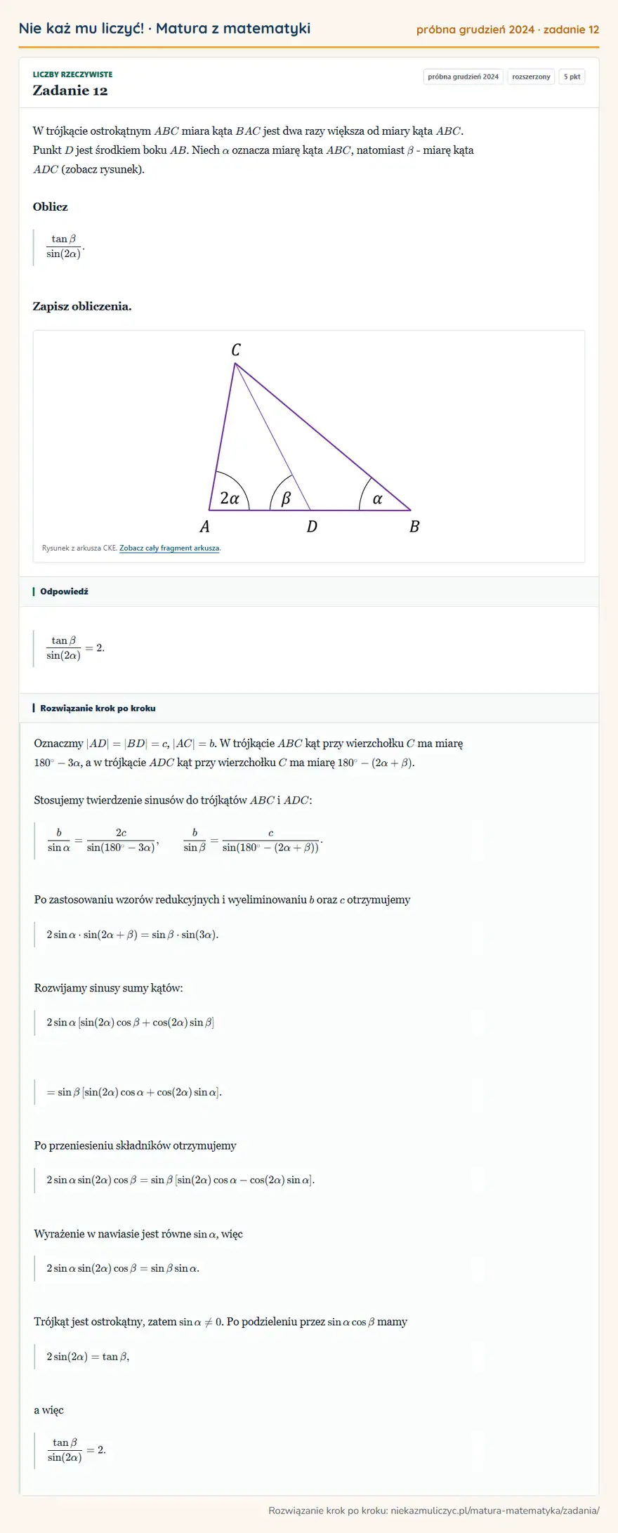 Rozwiązanie zadania 12 (matura z matematyki próbna grudzień 2024): W trójkącie ostrokątnym ABC miara kąta BAC jest dwa razy większa od miary kąta ABC. Punkt D jest środkiem…