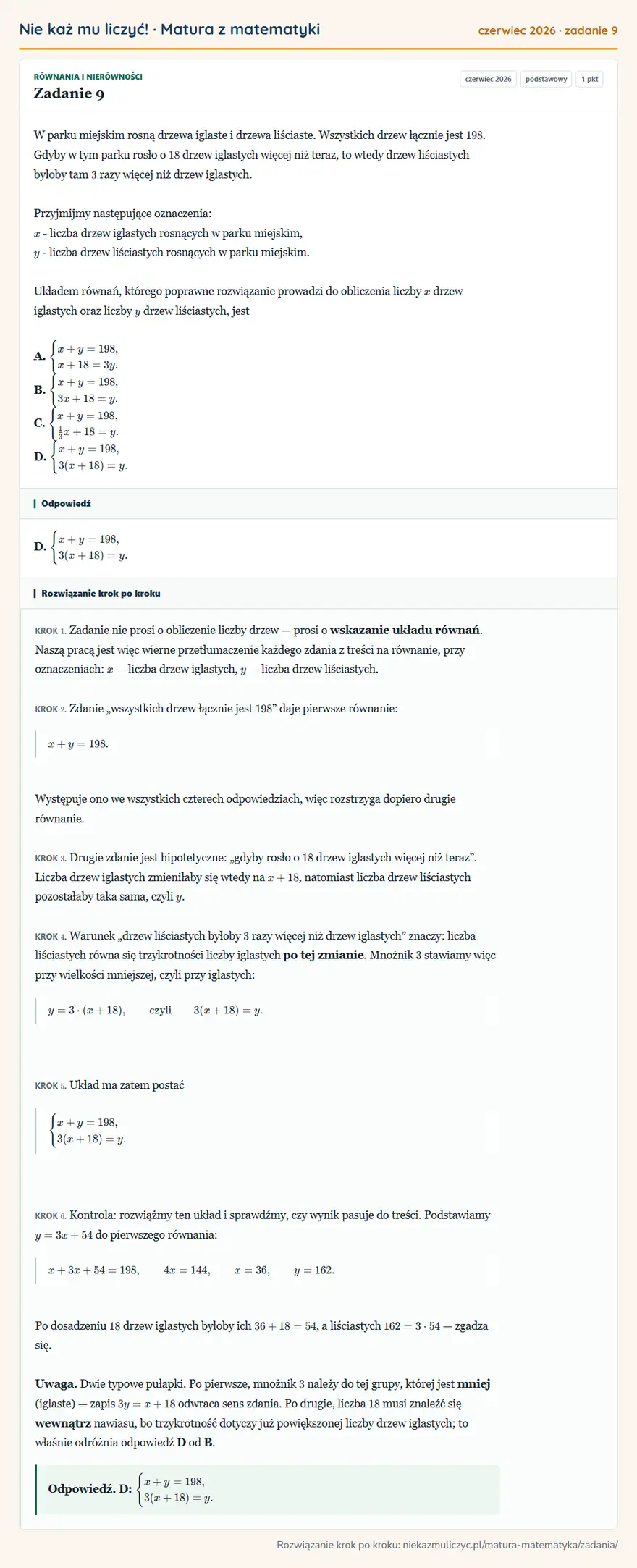 Rozwiązanie zadania 9 (matura z matematyki czerwiec 2026): W parku miejskim rosną drzewa iglaste i drzewa liściaste. Wszystkich drzew łącznie jest 198. Gdyby w tym…