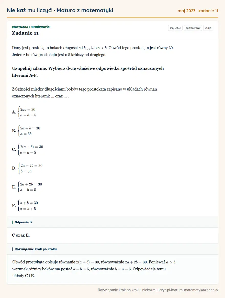 Rozwiązanie zadania 11 (matura z matematyki maj 2023): Dany jest prostokąt o bokach długości a i b, gdzie a>b. Obwód tego prostokąta jest równy 30. Jeden z boków…