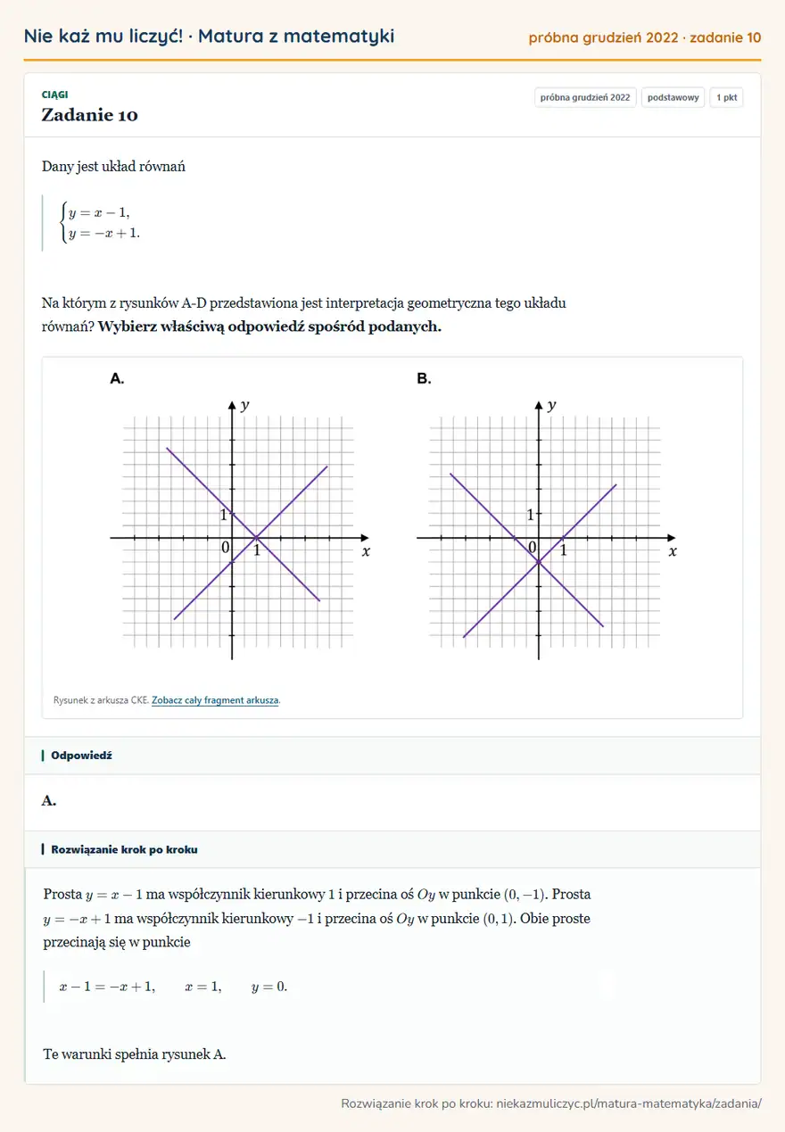Rozwiązanie zadania 10 (matura z matematyki próbna grudzień 2022): Dany jest układ równań casesy=x-1,\=-x+1.cases Na którym z rysunków A-D przedstawiona jest interpretacja…