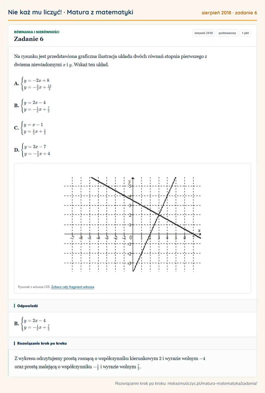 Rozwiązanie zadania 6 (matura z matematyki sierpień 2018): Na rysunku jest przedstawiona graficzna ilustracja układu dwóch równań stopnia pierwszego z dwiema…