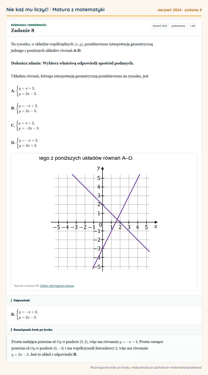 Rozwiązanie zadania 8 (matura z matematyki sierpień 2024): Na rysunku, w układzie współrzędnych (x,y), przedstawiono interpretację geometryczną jednego z poniższych…
