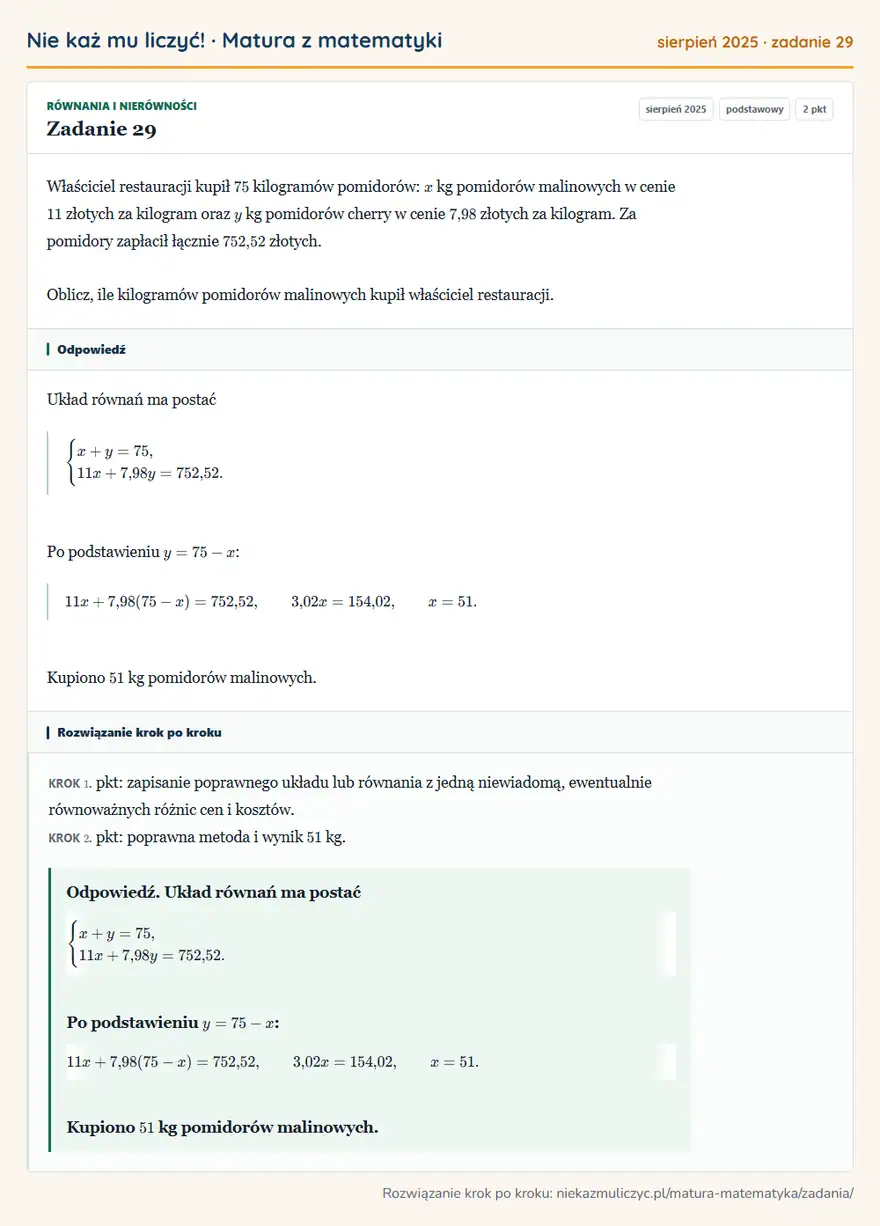 Rozwiązanie zadania 29 (matura z matematyki sierpień 2025): Właściciel restauracji kupił 75 kilogramów pomidorów: x kg pomidorów malinowych w cenie 11 złotych za…