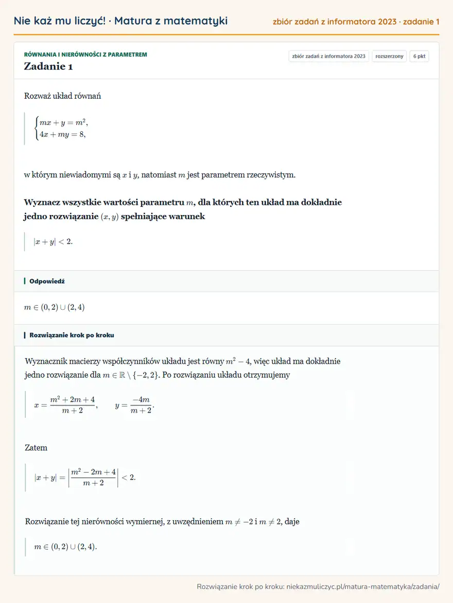 Rozwiązanie zadania 1 (zbiór zadań z informatora CKE 2023): Rozważ układ równań casesmx+y=m²,\\4x+my=8,cases w którym niewiadomymi są x i y, natomiast m jest parametrem…