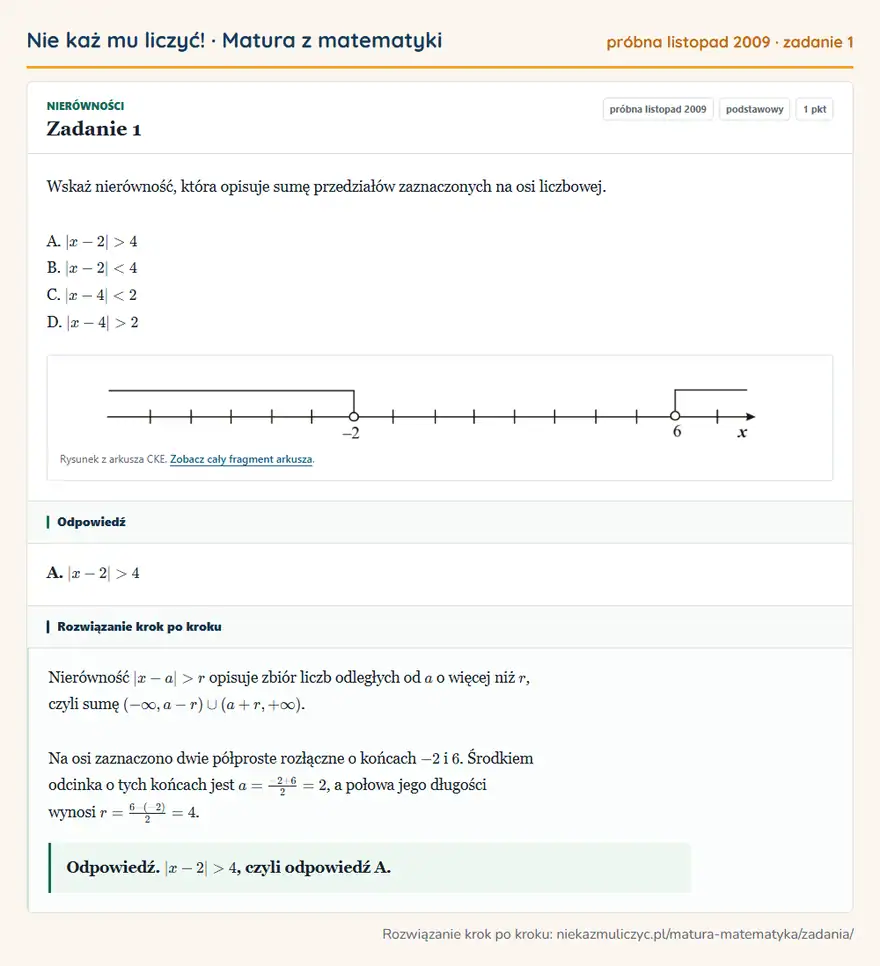 Rozwiązanie zadania 1 (matura z matematyki próbna listopad 2009): Wskaż nierówność, która opisuje sumę przedziałów zaznaczonych na osi liczbowej. A. |x-2|>4 B. |x-2|<4 C…
