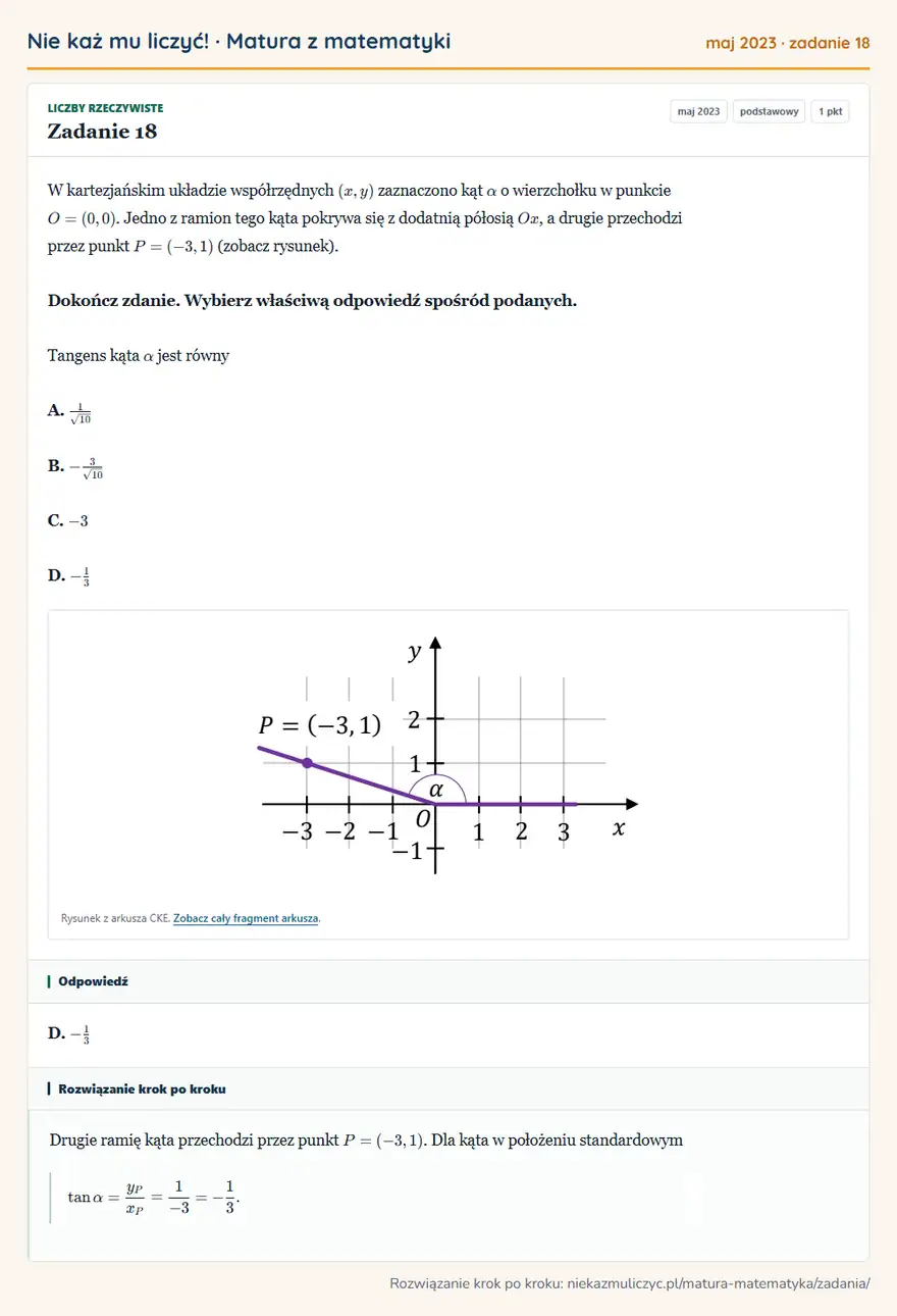 Rozwiązanie zadania 18 (matura z matematyki maj 2023): W kartezjańskim układzie współrzędnych (x,y) zaznaczono kąt α o wierzchołku w punkcie O=(0,0). Jedno z ramion…
