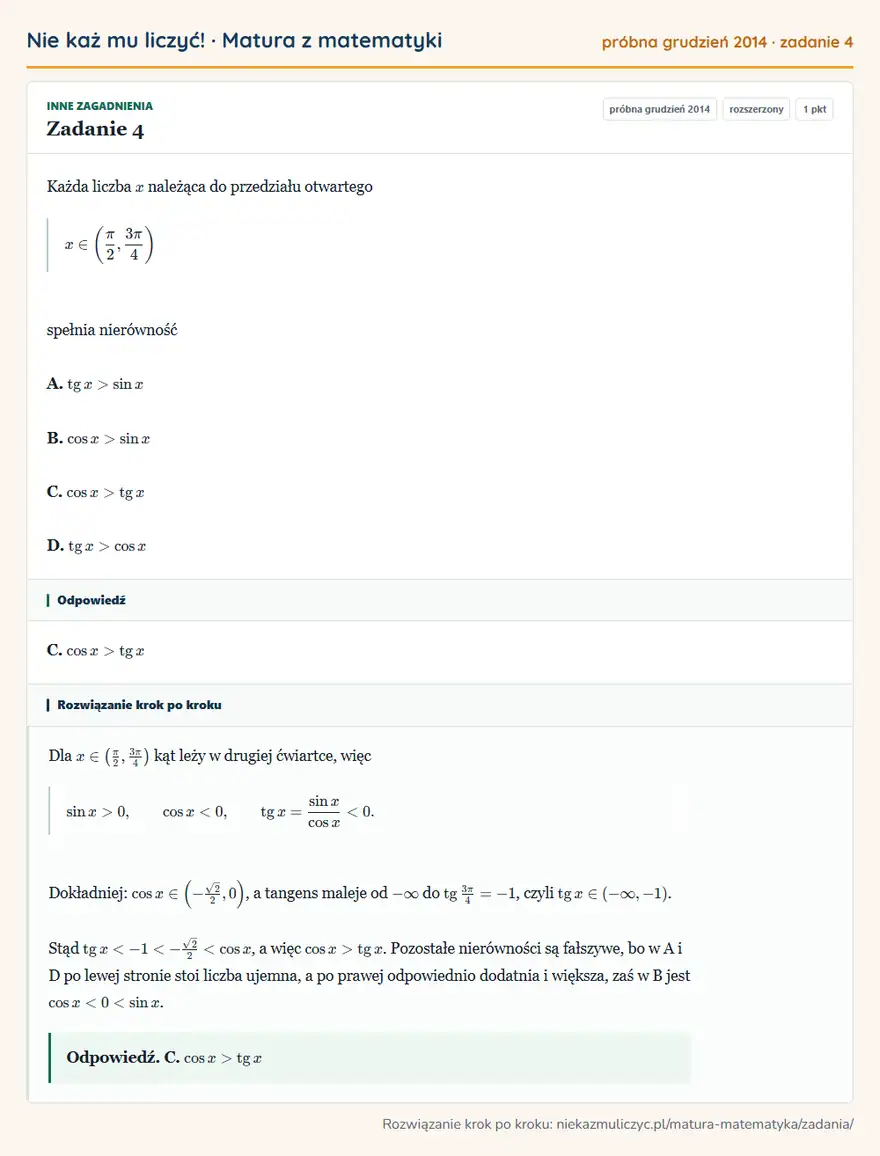 Rozwiązanie zadania 4 (matura z matematyki próbna grudzień 2014): Każda liczba x należąca do przedziału otwartego x∈ (π/2,3π/4 ) spełnia nierówność A. tgx>sin x B. cos x>sin x…