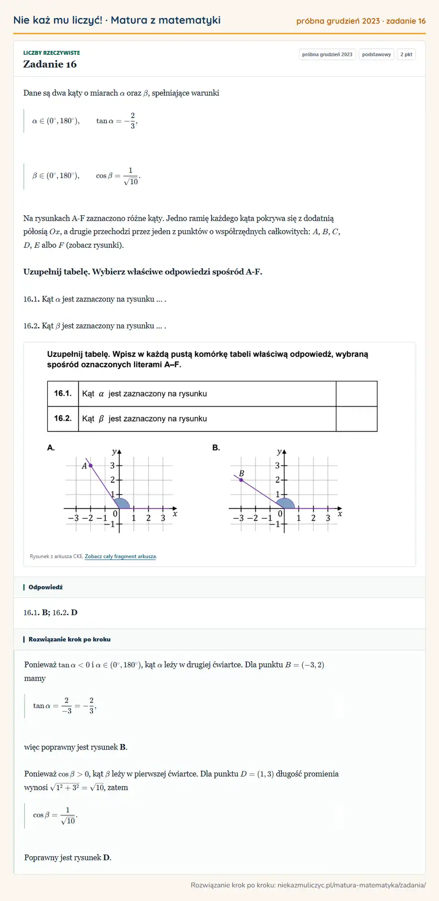 Rozwiązanie zadania 16 (matura z matematyki próbna grudzień 2023): Dane są dwa kąty o miarach α oraz β, spełniające warunki α∈(0°,180°), tanα=-23, β∈(0°,180°), cosβ=1√10. Na…