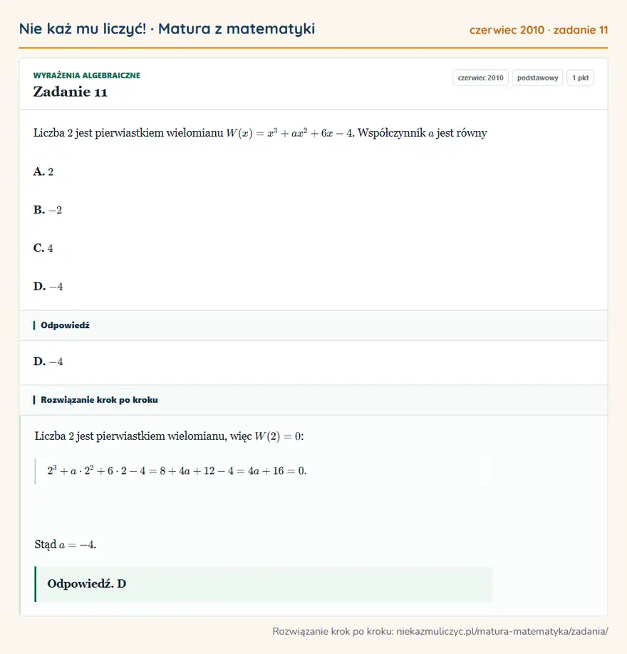Rozwiązanie zadania 11 (matura z matematyki czerwiec 2010): Liczba 2 jest pierwiastkiem wielomianu W(x)=x³+ax²+6x-4. Współczynnik a jest równy A. 2 B. -2 C. 4 D. -4