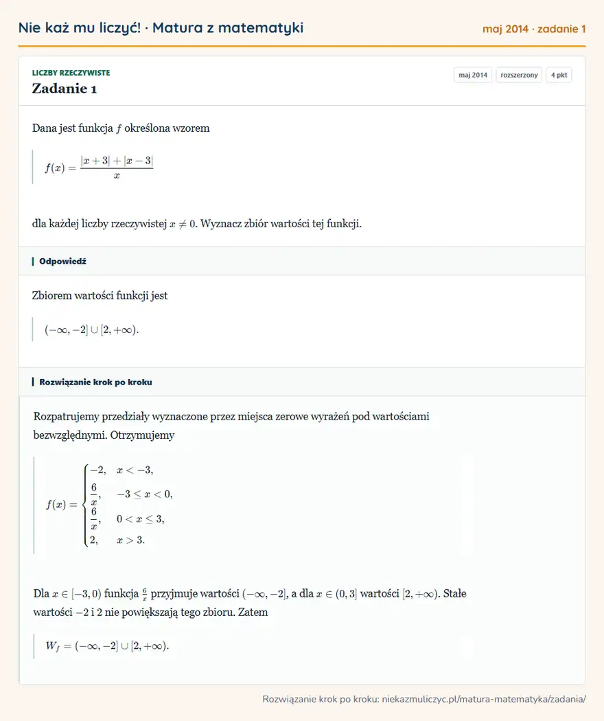 Rozwiązanie zadania 1 (matura z matematyki maj 2014): Dana jest funkcja f określona wzorem f(x)=|x+3|+|x-3|/x dla każdej liczby rzeczywistej x≠0. Wyznacz zbiór…