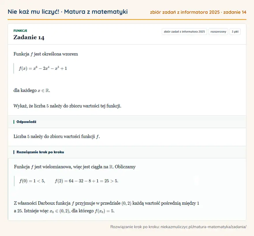 Rozwiązanie zadania 14, zbiór zadań z informatora CKE 2025, poziom rozszerzony: Funkcja f jest określona wzorem f(x)=x⁶-2x⁴-x³+1 dla każdego x∈R. Wykaż, że liczba 5 należy do zbioru… Odpowiedź: Liczba 5 należy do zbioru wartości funkcji f