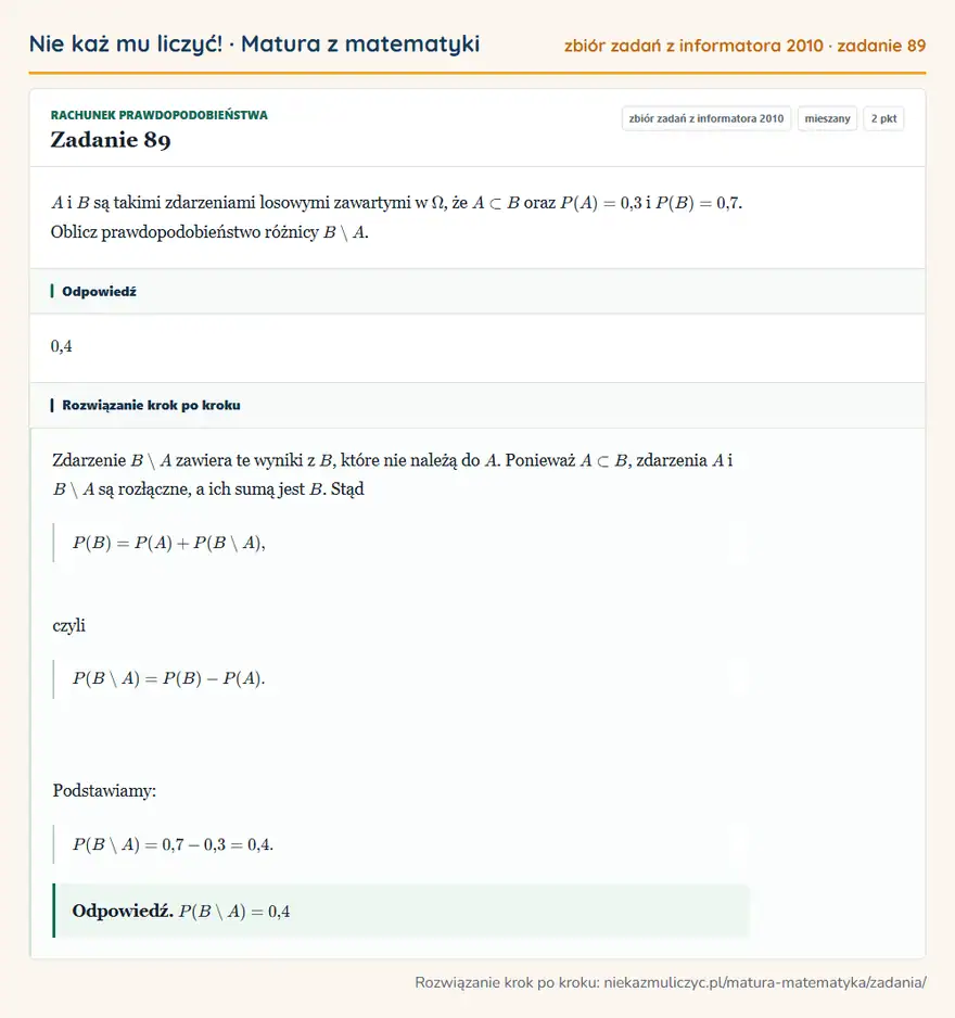Rozwiązanie zadania 89 (zbiór zadań z informatora CKE 2010): A i B są takimi zdarzeniami losowymi zawartymi w, że A B oraz P(A)=0,3 i P(B)=0,7. Oblicz prawdopodobieństwo…