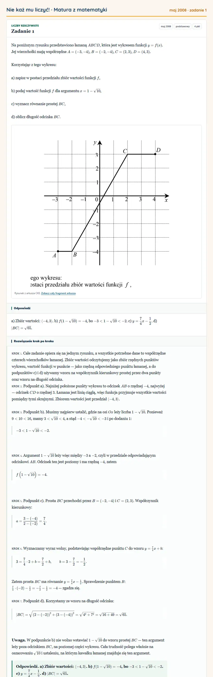Rozwiązanie zadania 1 (matura z matematyki maj 2008): Na poniższym rysunku przedstawiono łamaną ABCD, która jest wykresem funkcji y=f(x). Jej wierzchołki mają…