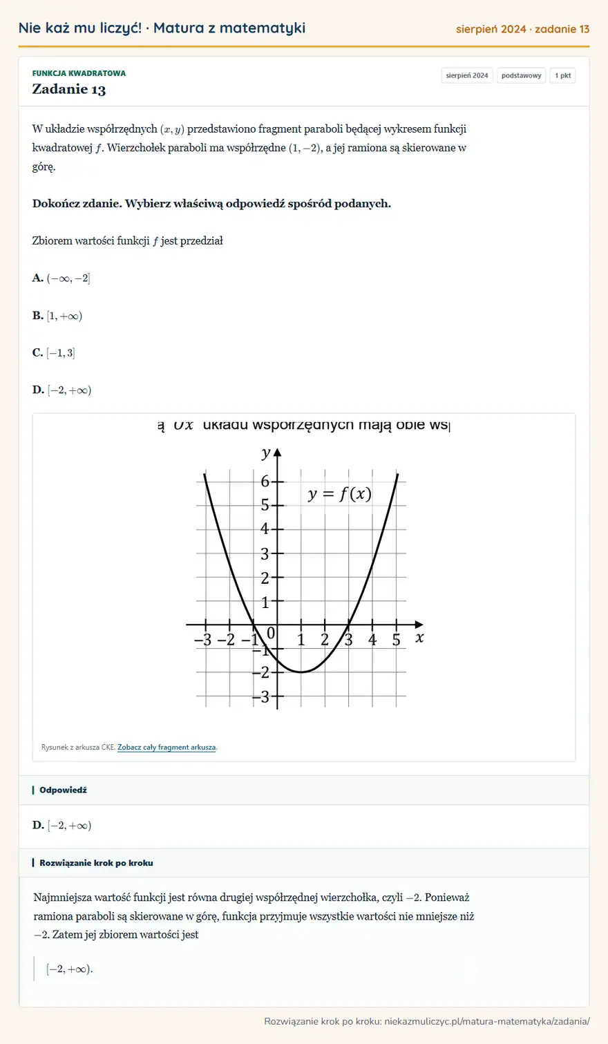 Rozwiązanie zadania 13, matura z matematyki sierpień 2024, poziom podstawowy: W układzie współrzędnych (x,y) przedstawiono fragment paraboli będącej wykresem funkcji kwadratowej f… Odpowiedź: D. [-2,+∞)