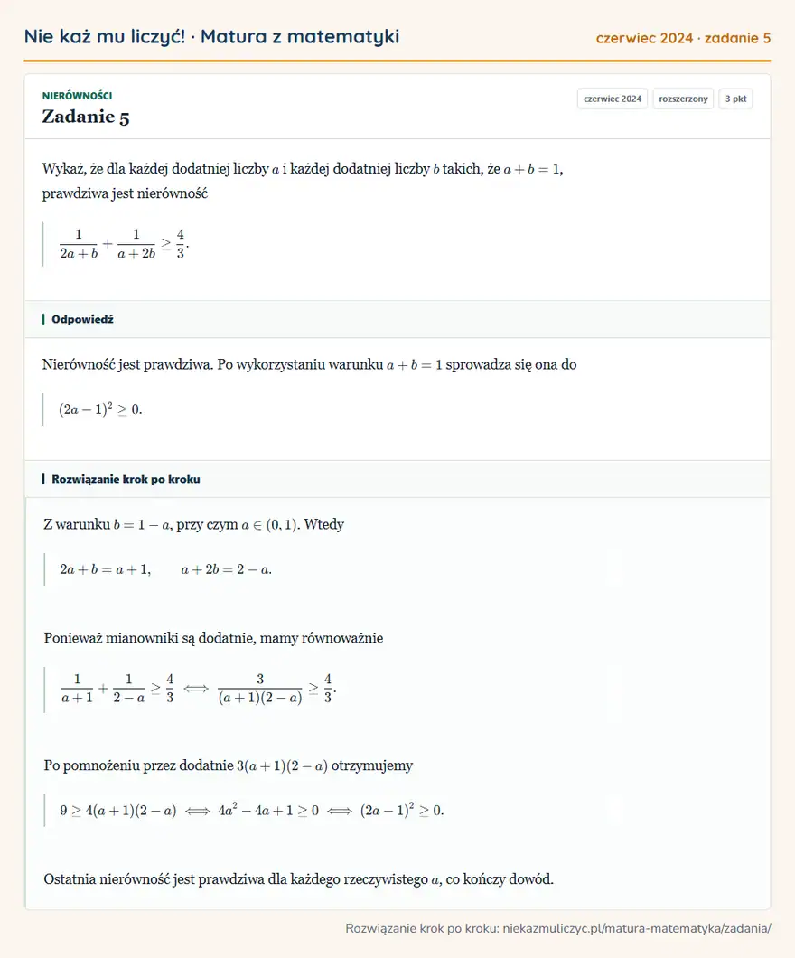 Rozwiązanie zadania 5 (matura z matematyki czerwiec 2024): Wykaż, że dla każdej dodatniej liczby a i każdej dodatniej liczby b takich, że a+b=1, prawdziwa jest…