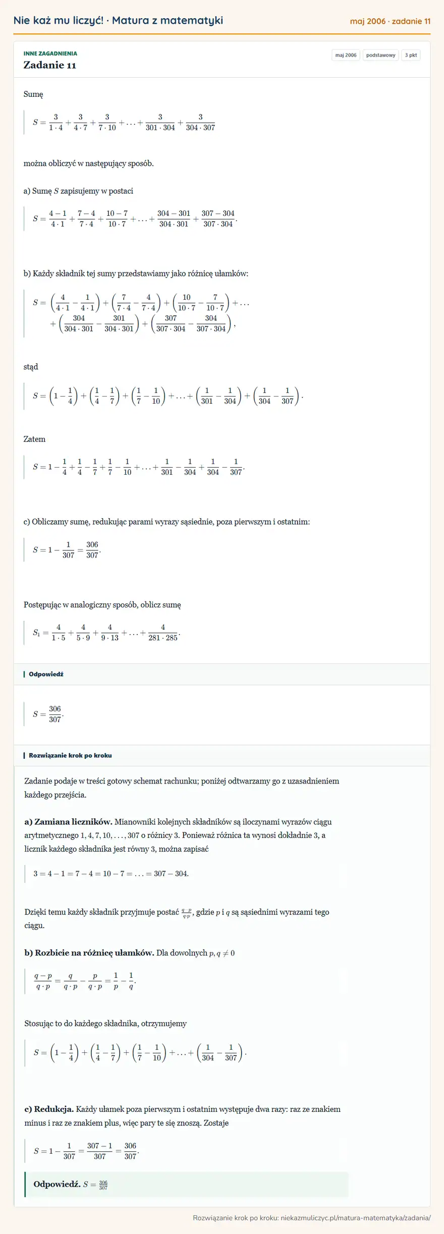 Rozwiązanie zadania 11 (matura z matematyki maj 2006): Sumę S=31·4+34·7+37·10++3301·304+3304·307 można obliczyć w następujący sposób. a) Sumę S zapisujemy w postaci…