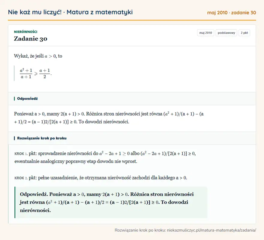 Rozwiązanie zadania 30 (matura z matematyki maj 2010): Wykaż, że jeśli a>0, to a²+1/a+1≥slanta+1/2.
