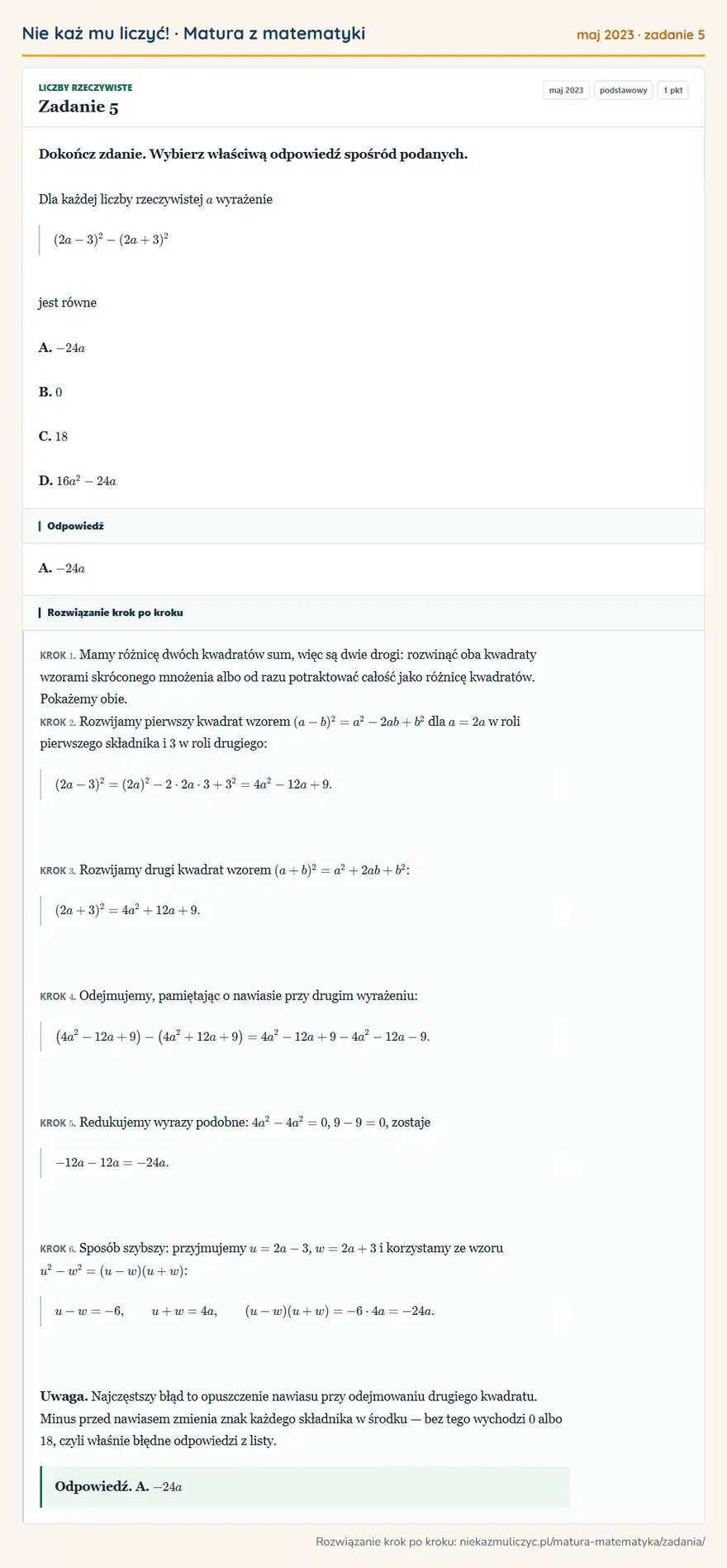 Rozwiązanie zadania 5, matura z matematyki maj 2023, poziom podstawowy: Dokończ zdanie. Wybierz właściwą odpowiedź spośród podanych. Dla każdej liczby rzeczywistej a wyrażenie… Odpowiedź: A. -24a