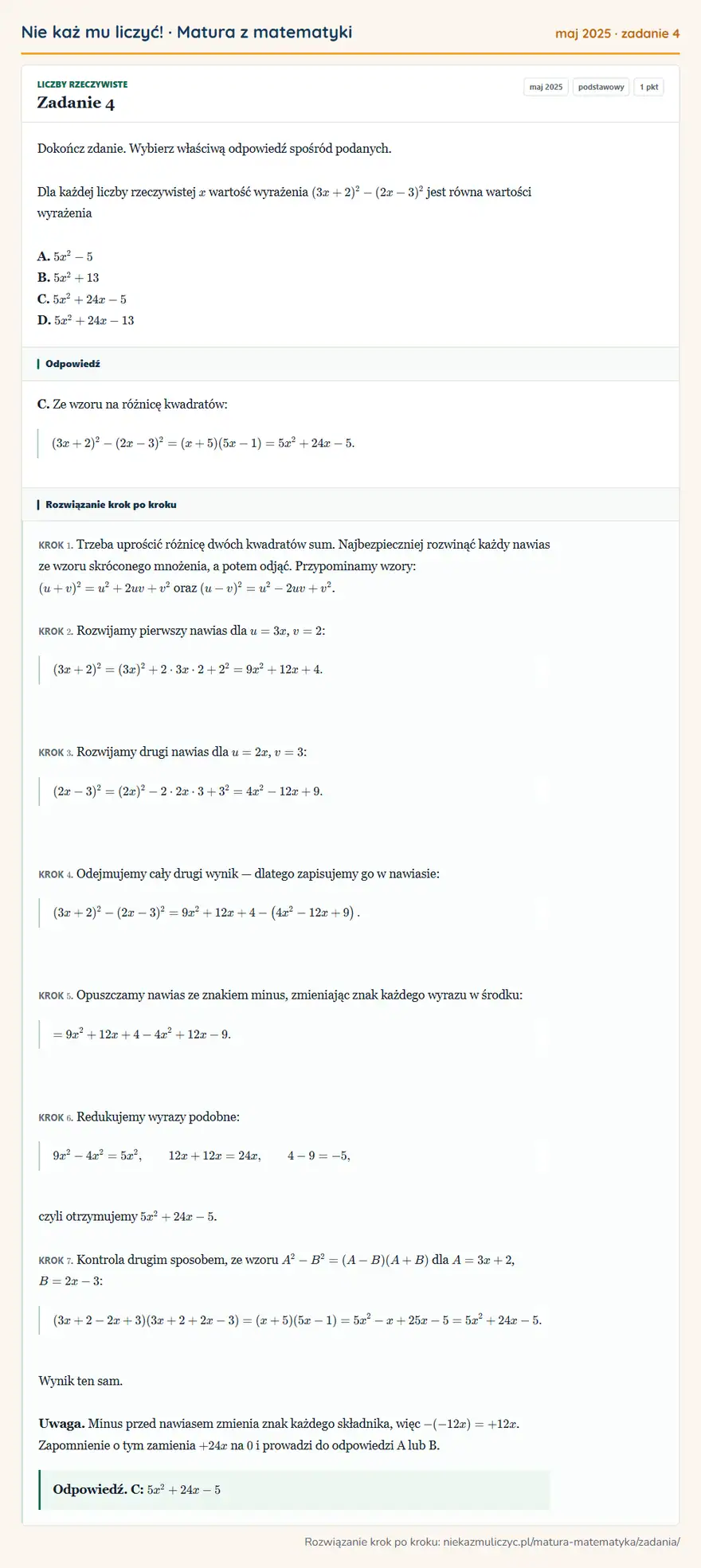 Rozwiązanie zadania 4 (matura z matematyki maj 2025): Dokończ zdanie. Wybierz właściwą odpowiedź spośród podanych. Dla każdej liczby rzeczywistej x wartość…