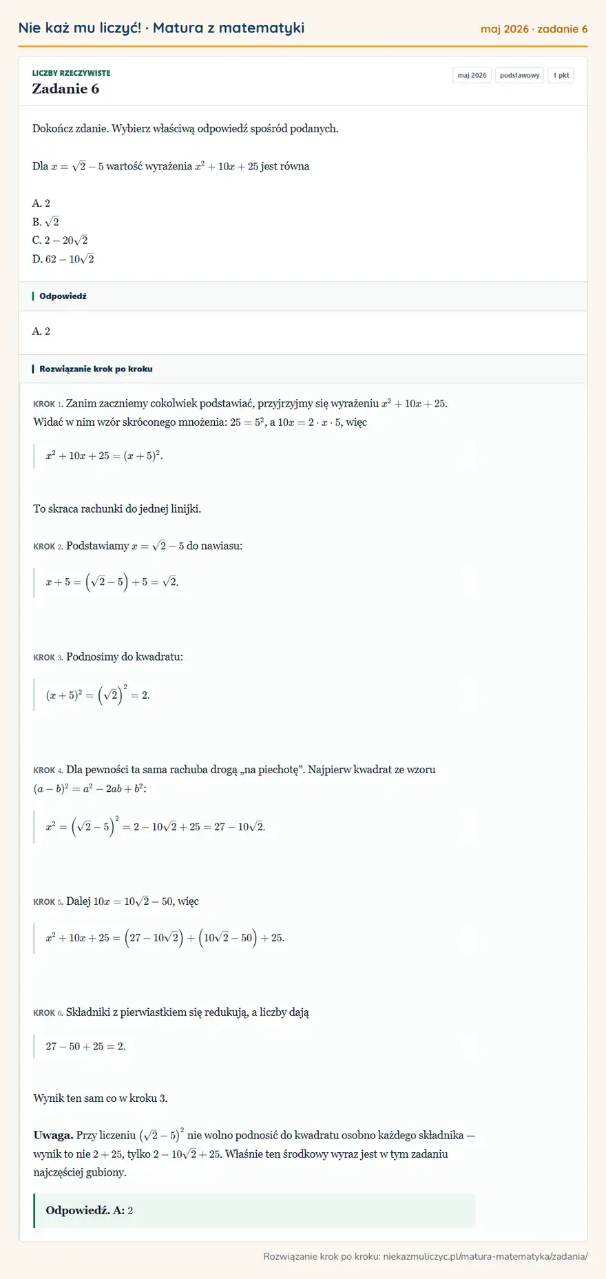 Rozwiązanie zadania 6 (matura z matematyki maj 2026): Dokończ zdanie. Wybierz właściwą odpowiedź spośród podanych. Dla x = √2 - 5 wartość wyrażenia x² + 10x + 25…
