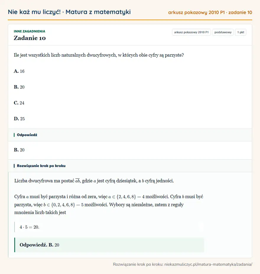 Rozwiązanie zadania 10 (matura z matematyki, arkusz pokazowy 2010 P1): Ile jest wszystkich liczb naturalnych dwucyfrowych, w których obie cyfry są parzyste? A. 16 B. 20 C. 24 D. 25