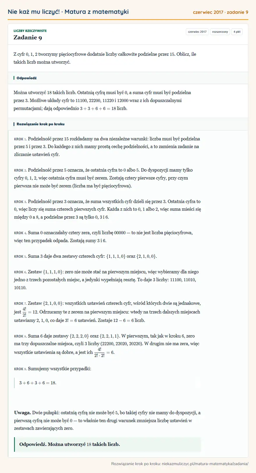 Rozwiązanie zadania 9 (matura z matematyki czerwiec 2017): Z cyfr 0, 1, 2 tworzymy pięciocyfrowe dodatnie liczby całkowite podzielne przez 15. Oblicz, ile takich liczb…