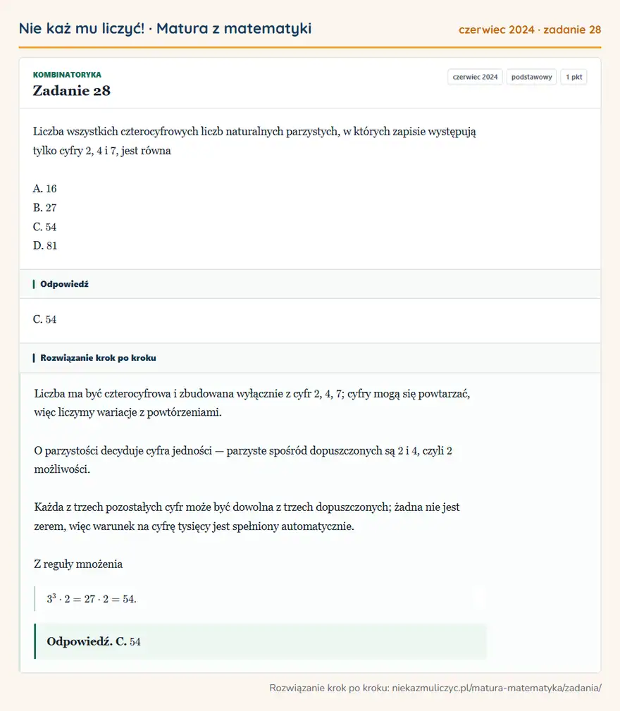 Rozwiązanie zadania 28 (matura z matematyki czerwiec 2024): Liczba wszystkich czterocyfrowych liczb naturalnych parzystych, w których zapisie występują tylko cyfry 2, 4…