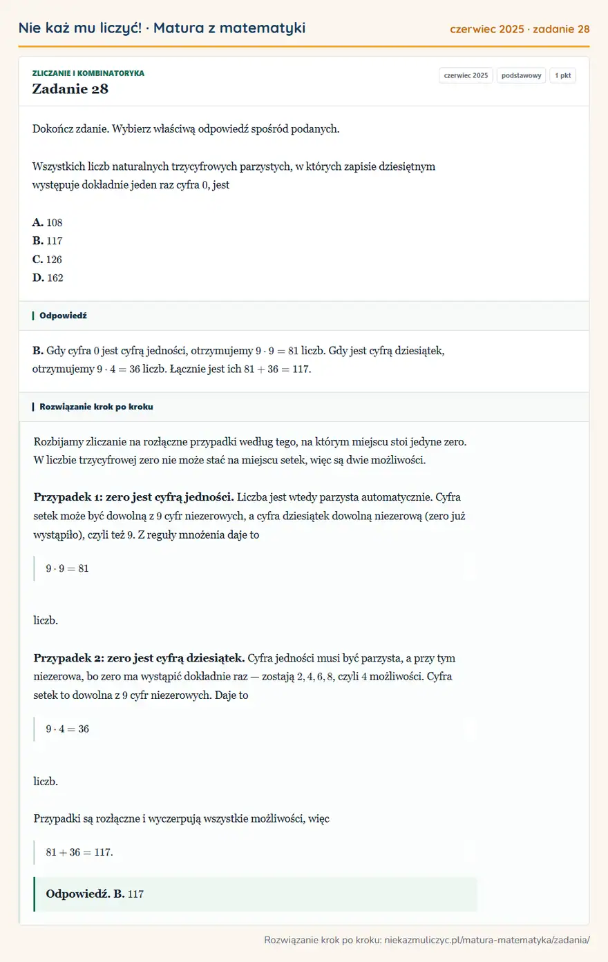 Rozwiązanie zadania 28 (matura z matematyki czerwiec 2025): Dokończ zdanie. Wybierz właściwą odpowiedź spośród podanych. Wszystkich liczb naturalnych trzycyfrowych…