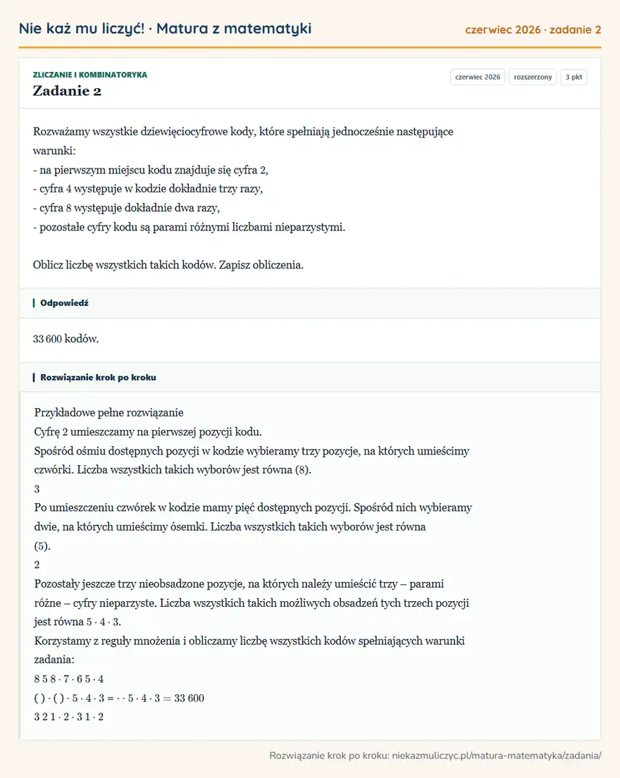 Rozwiązanie zadania 2 (matura z matematyki czerwiec 2026): Rozważamy wszystkie dziewięciocyfrowe kody, które spełniają jednocześnie następujące warunki: - na pierwszym…