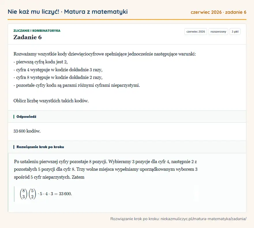 Rozwiązanie zadania 6 (matura z matematyki czerwiec 2026): Rozważamy wszystkie kody dziewięciocyfrowe spełniające jednocześnie następujące warunki: - pierwszą cyfrą…