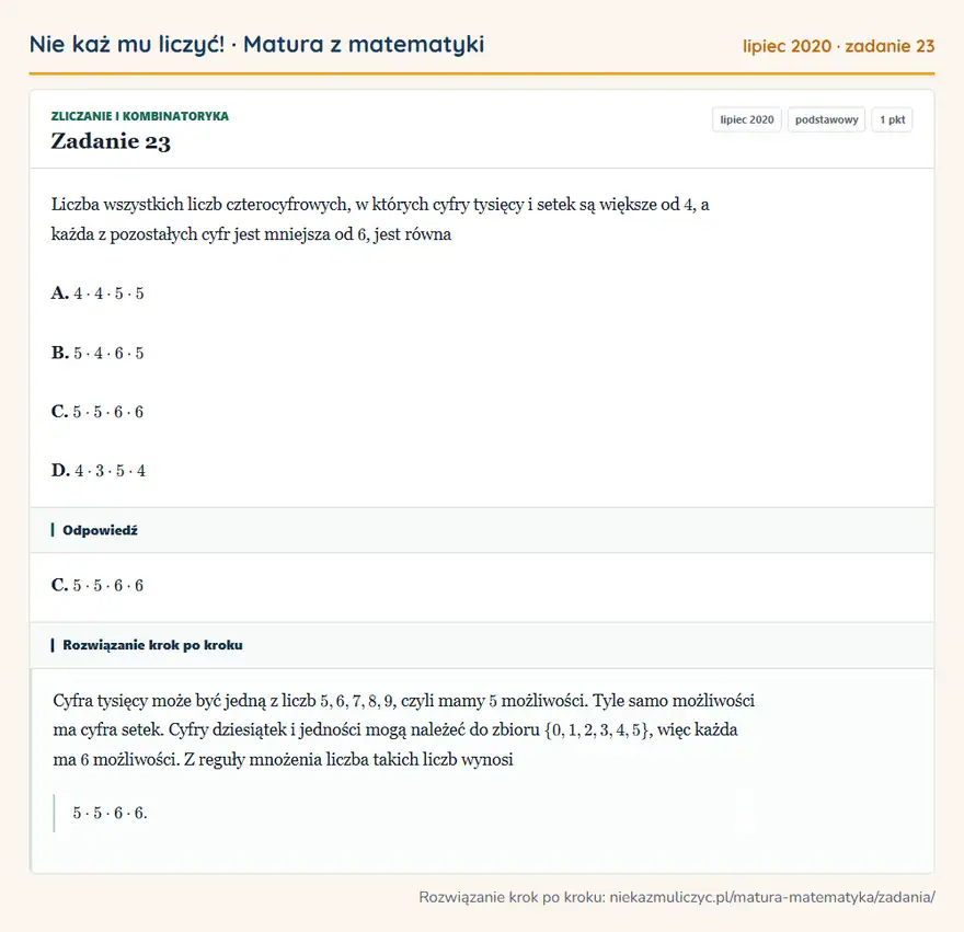 Rozwiązanie zadania 23 (matura z matematyki lipiec 2020): Liczba wszystkich liczb czterocyfrowych, w których cyfry tysięcy i setek są większe od 4, a każda z…